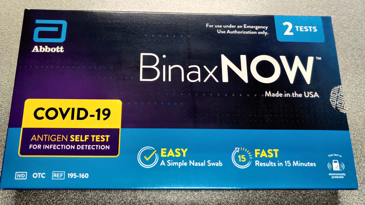 box containing BinaxNOW COVID-19 test kit
