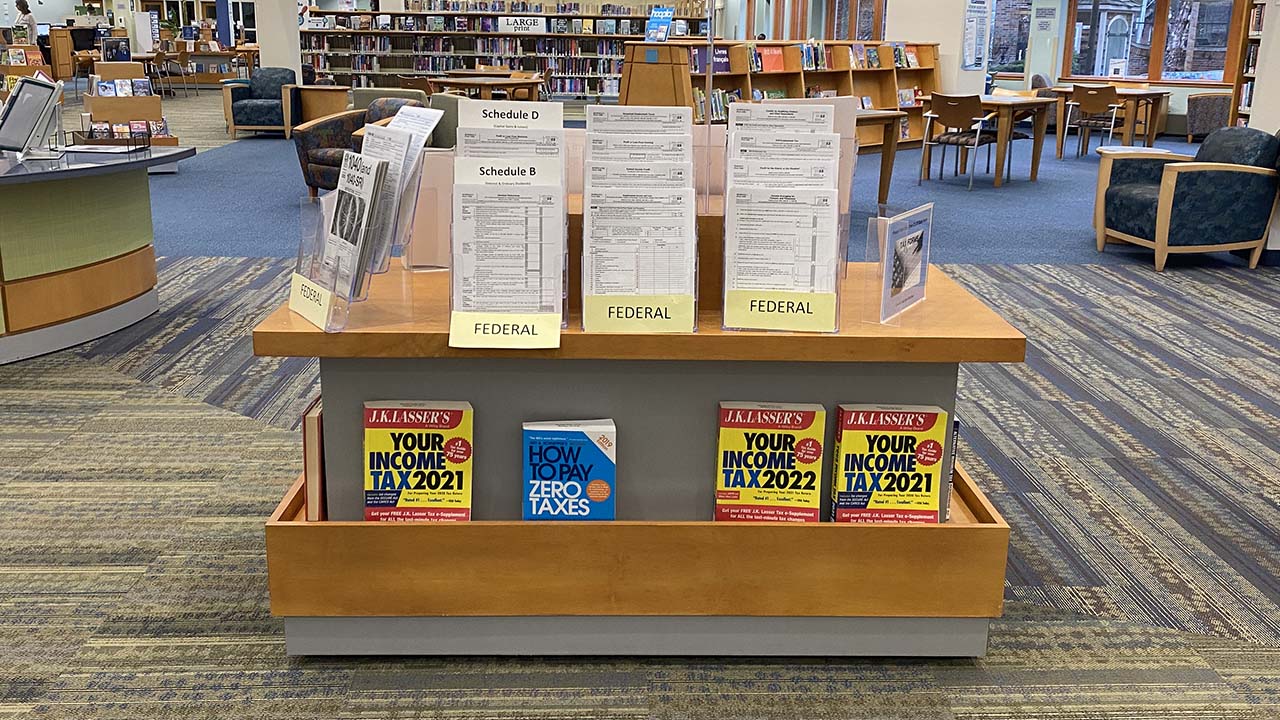 display of tax forms and instructions at Westlake Library