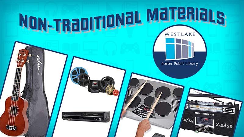 Non-Traditional Materials picturing ukulele, film and DVD converters, drum machine and boom box